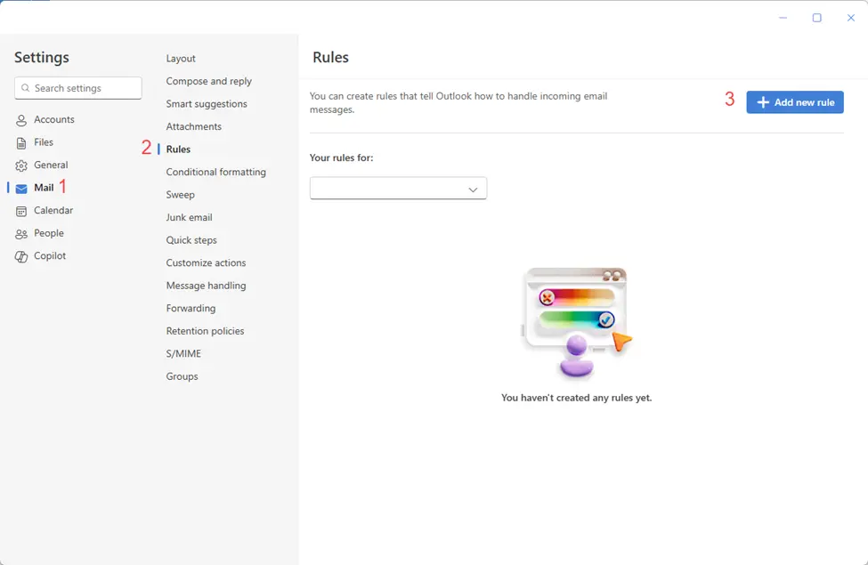 From the left menu, click on Mail and then Rules