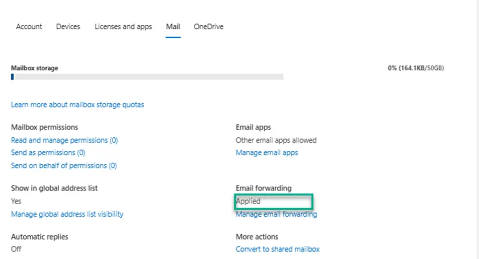 Once changes are saved, you’ll see that email forwarding has been applied