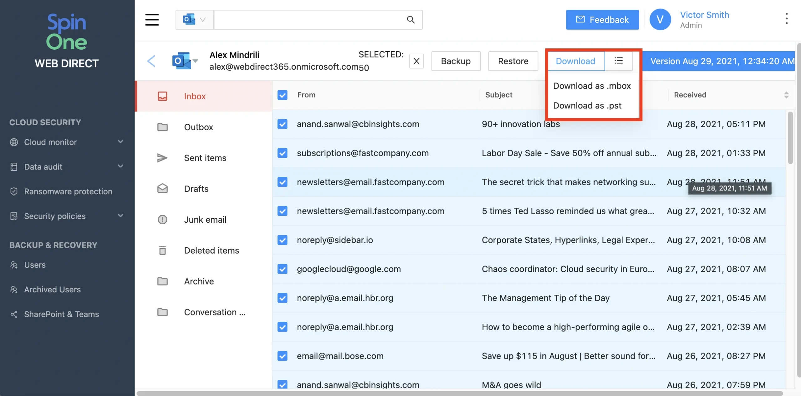 Screenshot of an email backup interface showing a left navigation panel and a list of messages, with a highlighted Download menu offering .mbox and .pst options (SpinOne UI).