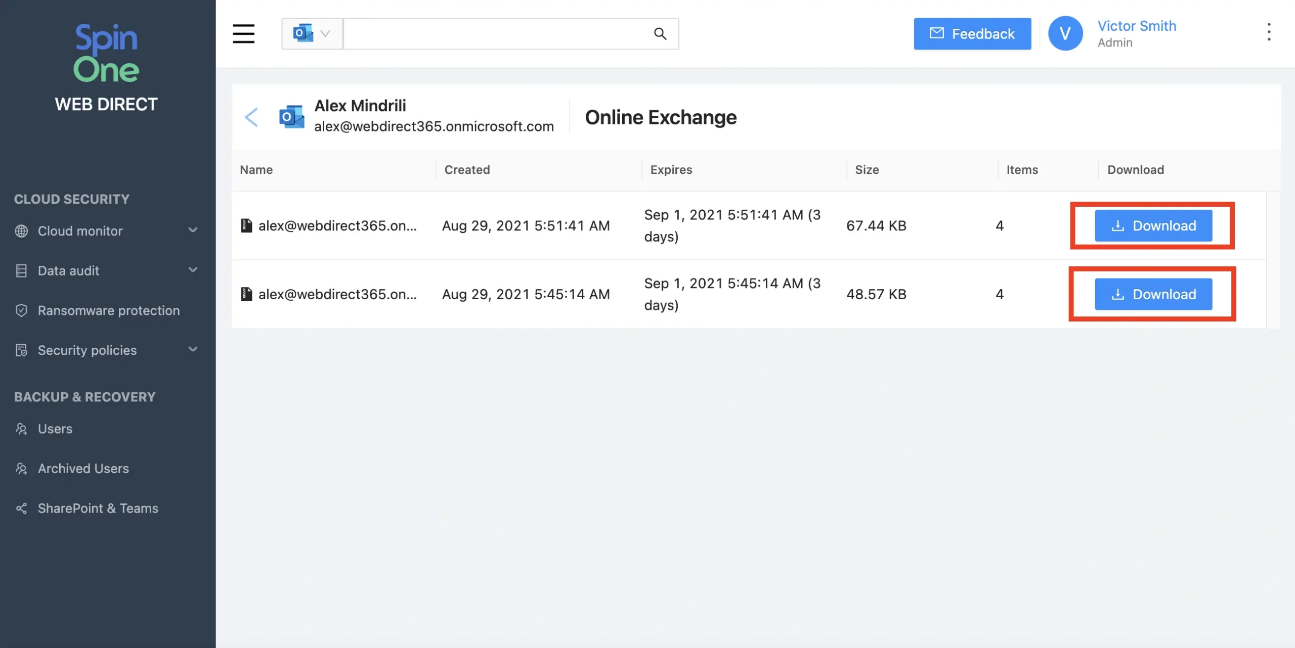 Download backed-up Microsoft 365 data locally