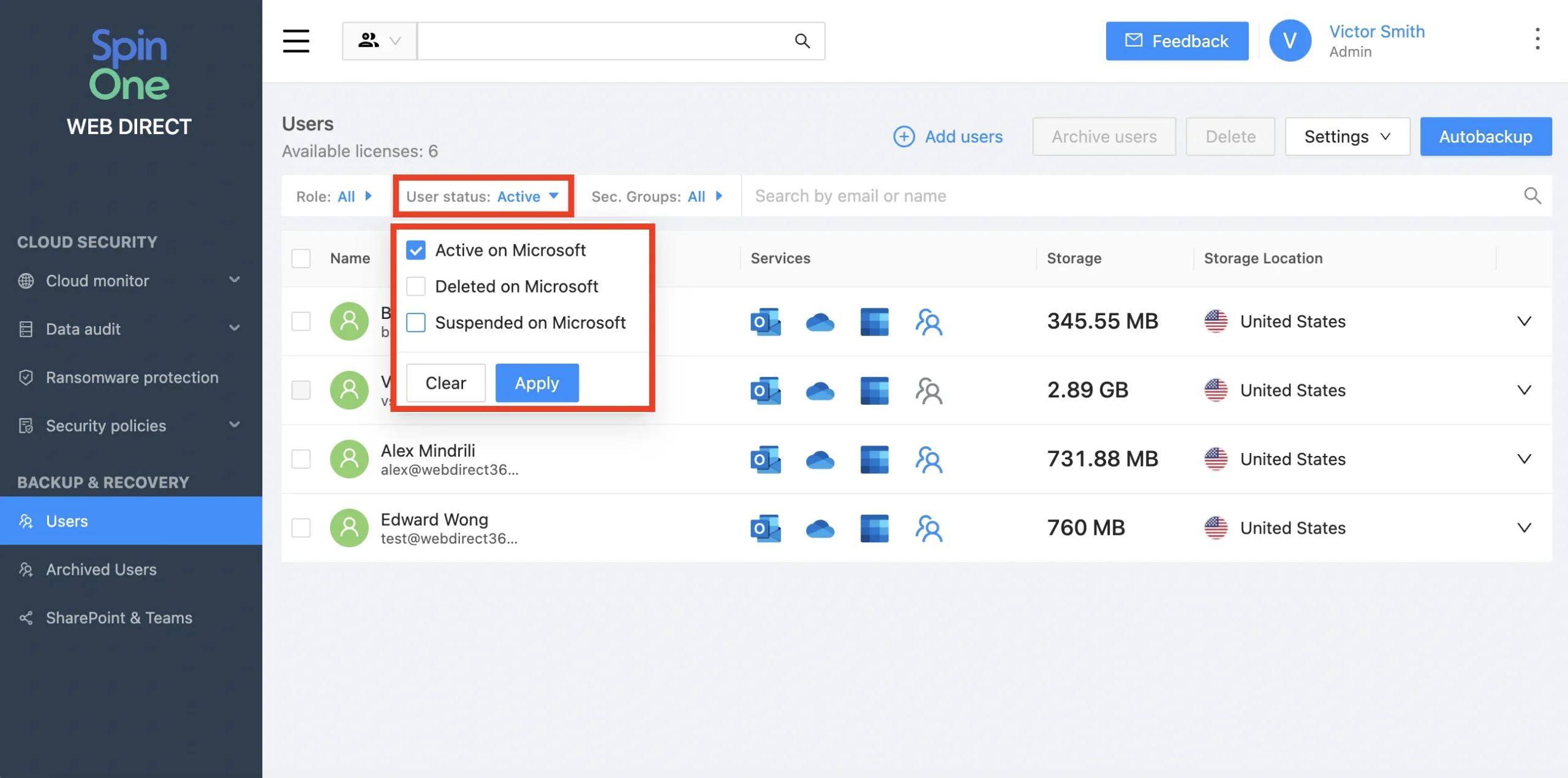 Microsoft 365 Manual Backup Interface | Spin.AI User interface for manual Microsoft 365 data backup