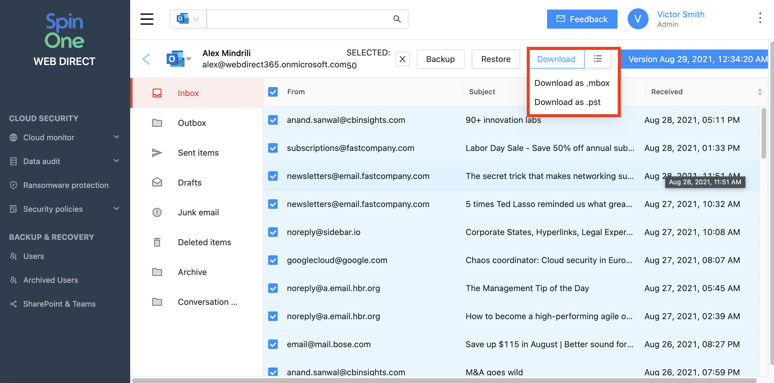 SpinOne Microsoft 365 Backup Download Download backed-up Microsoft 365 data locally