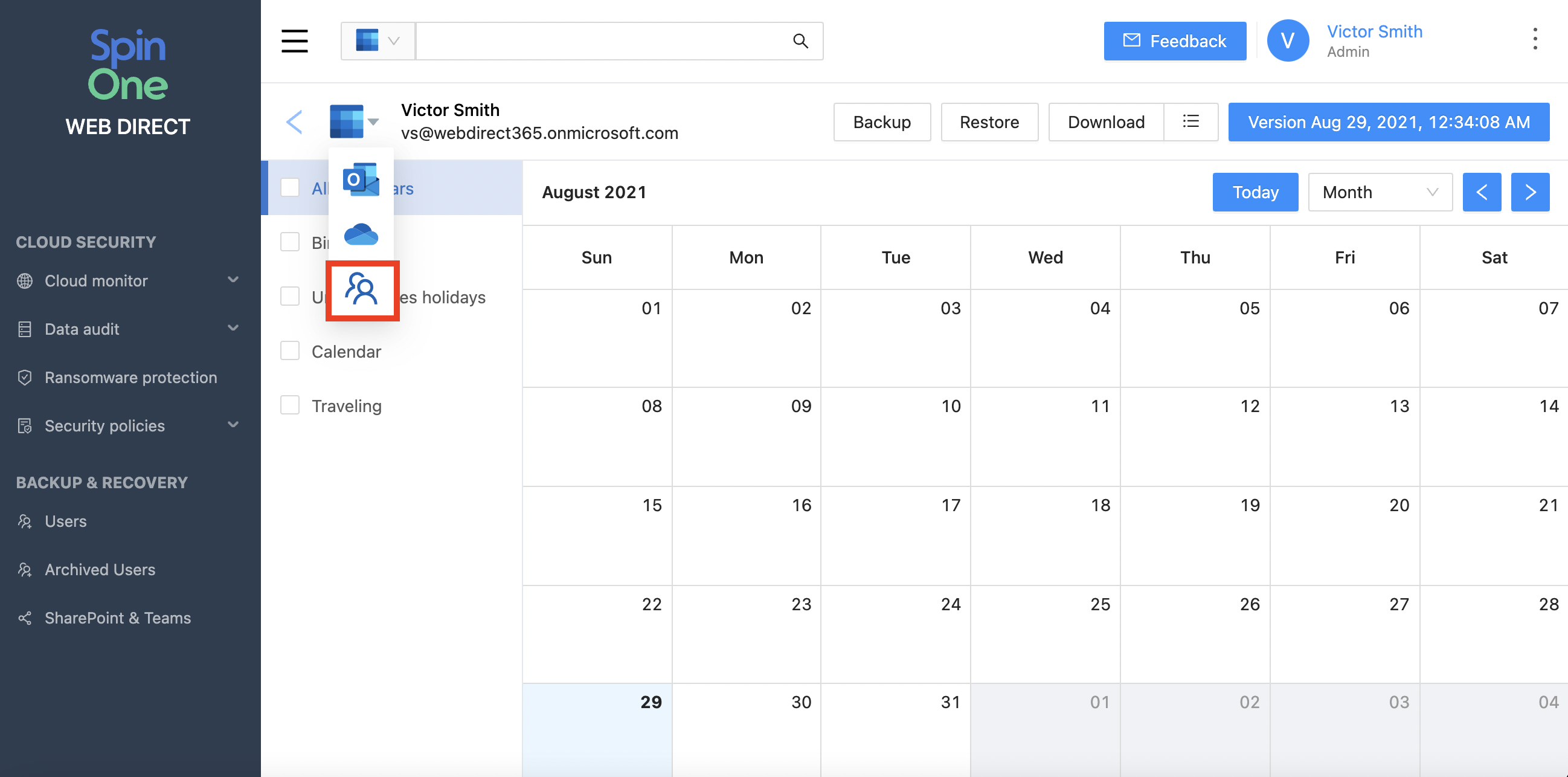 Microsoft 365 Manual Backup Interface Interface for manual Microsoft 365 data backup