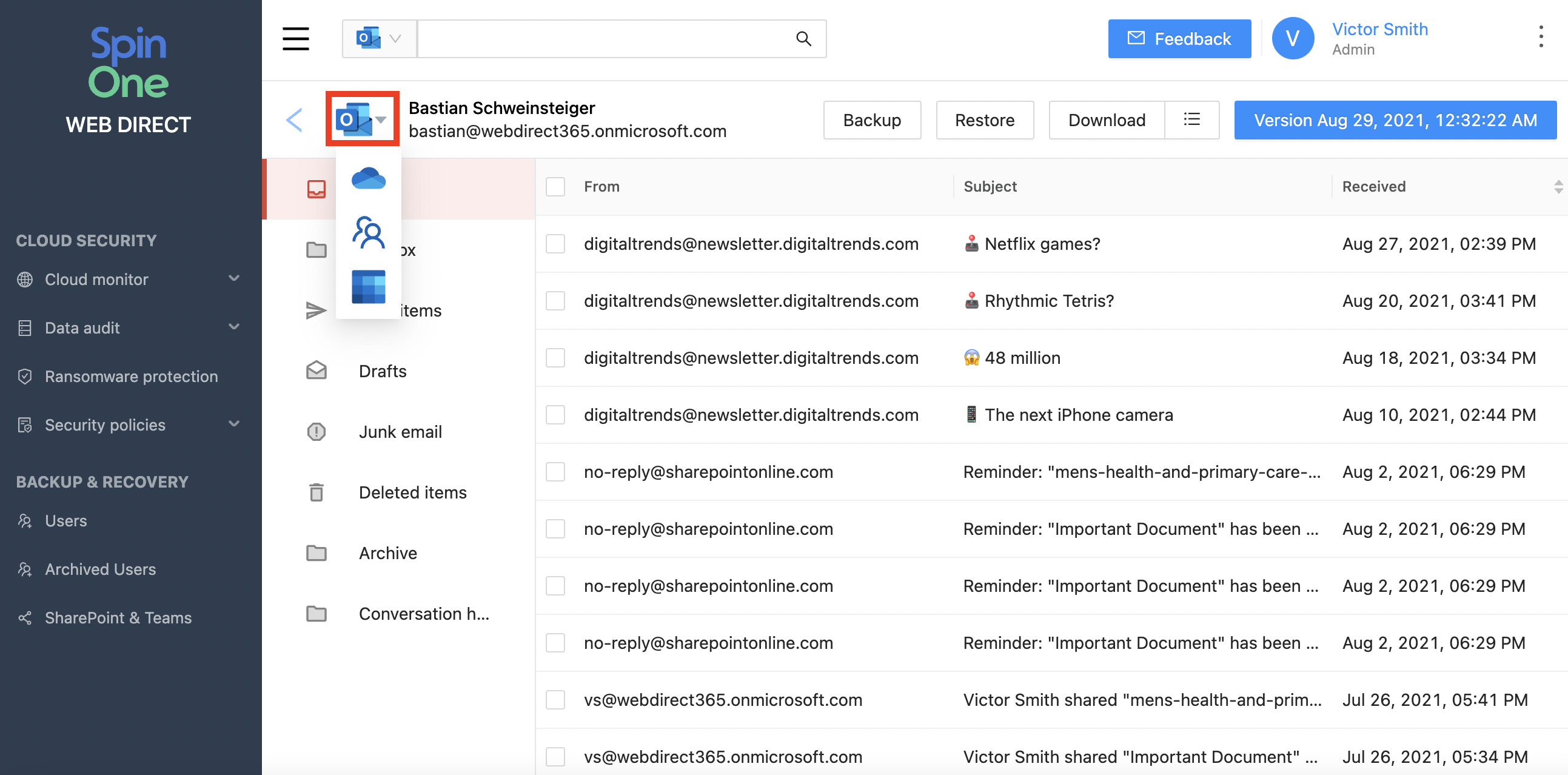 Microsoft 365 Manual Backup Interface Interface for manual Microsoft 365 data backup