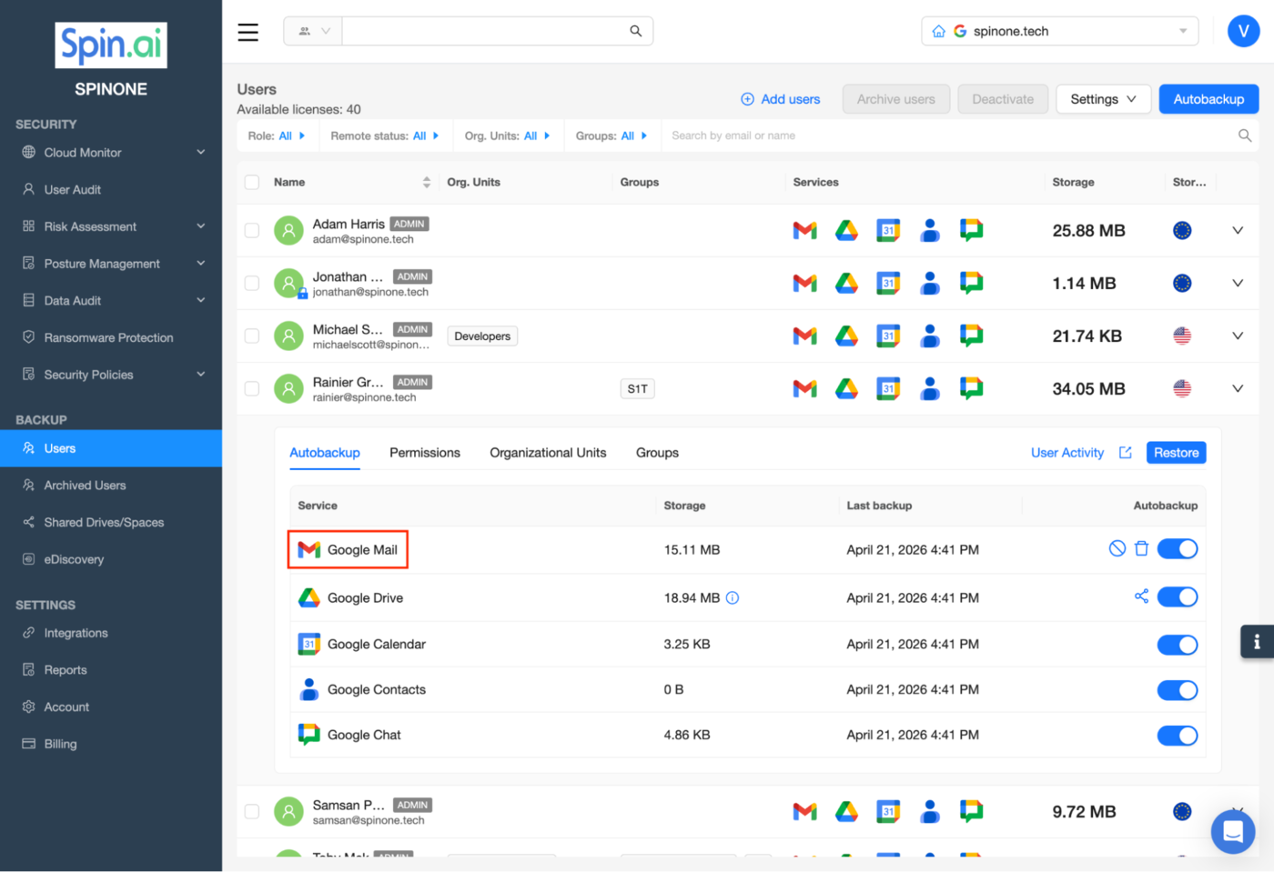 Google Mail Auto Backup Interface | Spin.AI Interface showing Google Mail auto backup process
