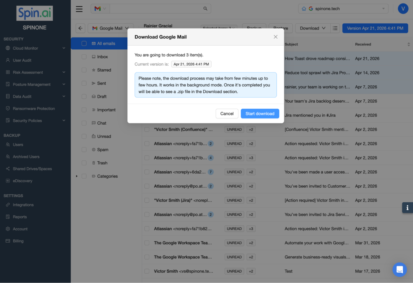 Google Mail Download Interface Interface for downloading Google Mail data locally