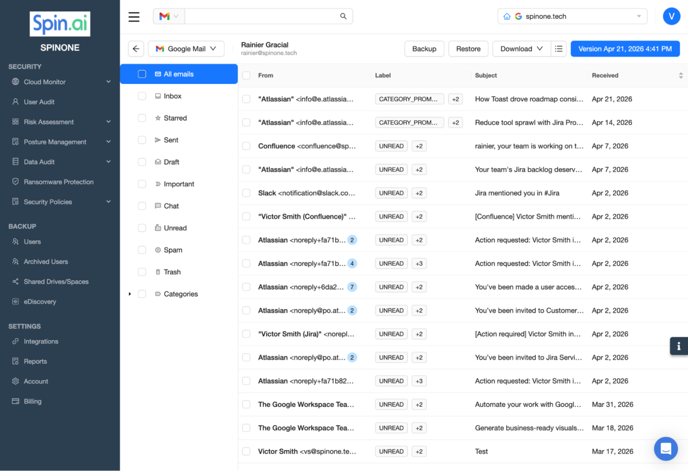 Google Mail Email Download Interface Interface showing all emails ready for download