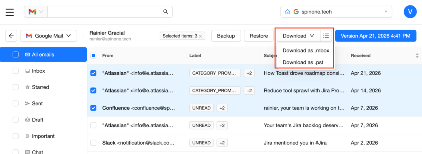 Google Mail Download Dropdown Dropdown menu for downloading Google Mail data