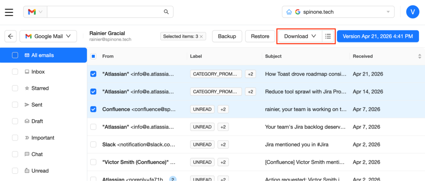 Google Mail Download Interface Interface for downloading Google Mail data locally