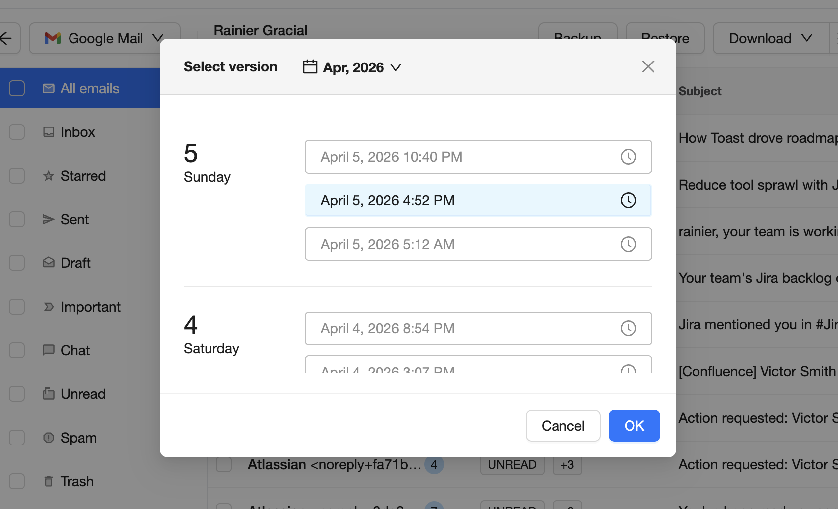 Google Mail Backup Date Selection Select backup date to restore Gmail data