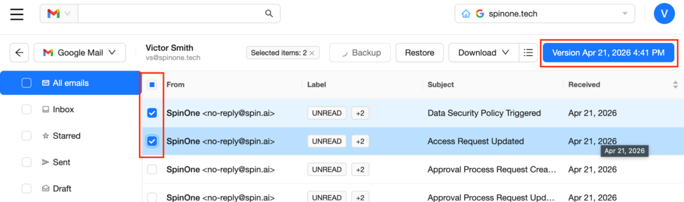 Google Mail Restore Version Interface Interface for selecting and restoring deleted emails
