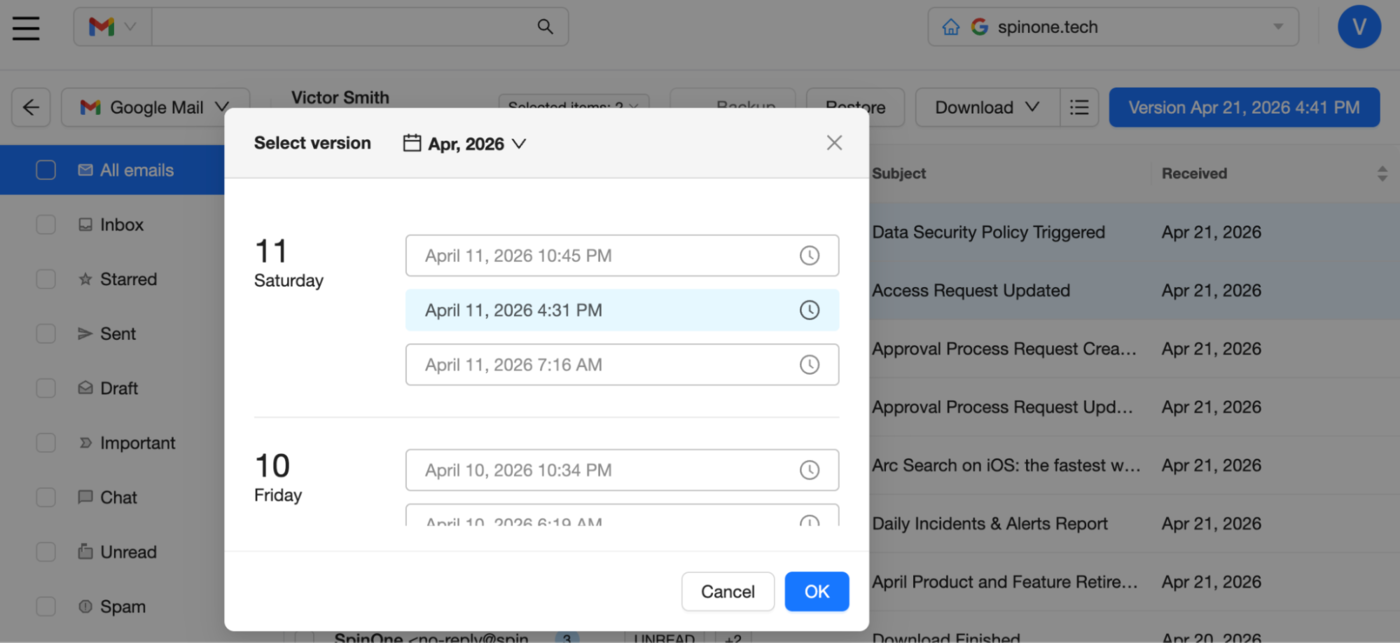Google Mail Version Selection Interface Interface for selecting Google Mail backup versions