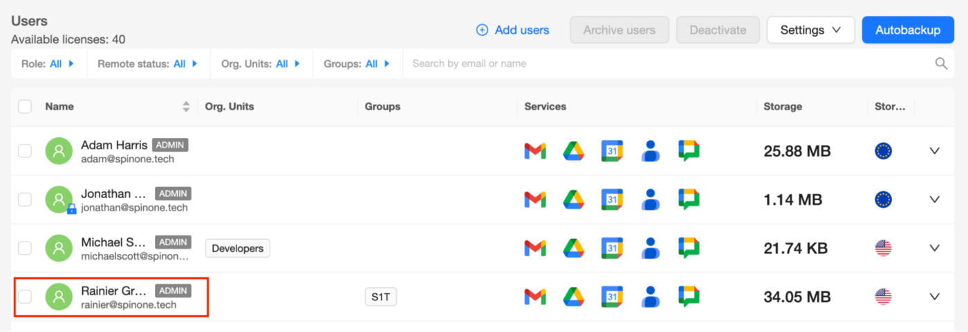 Google Account User Selection Interface Selecting a user in Google Mail for data recovery