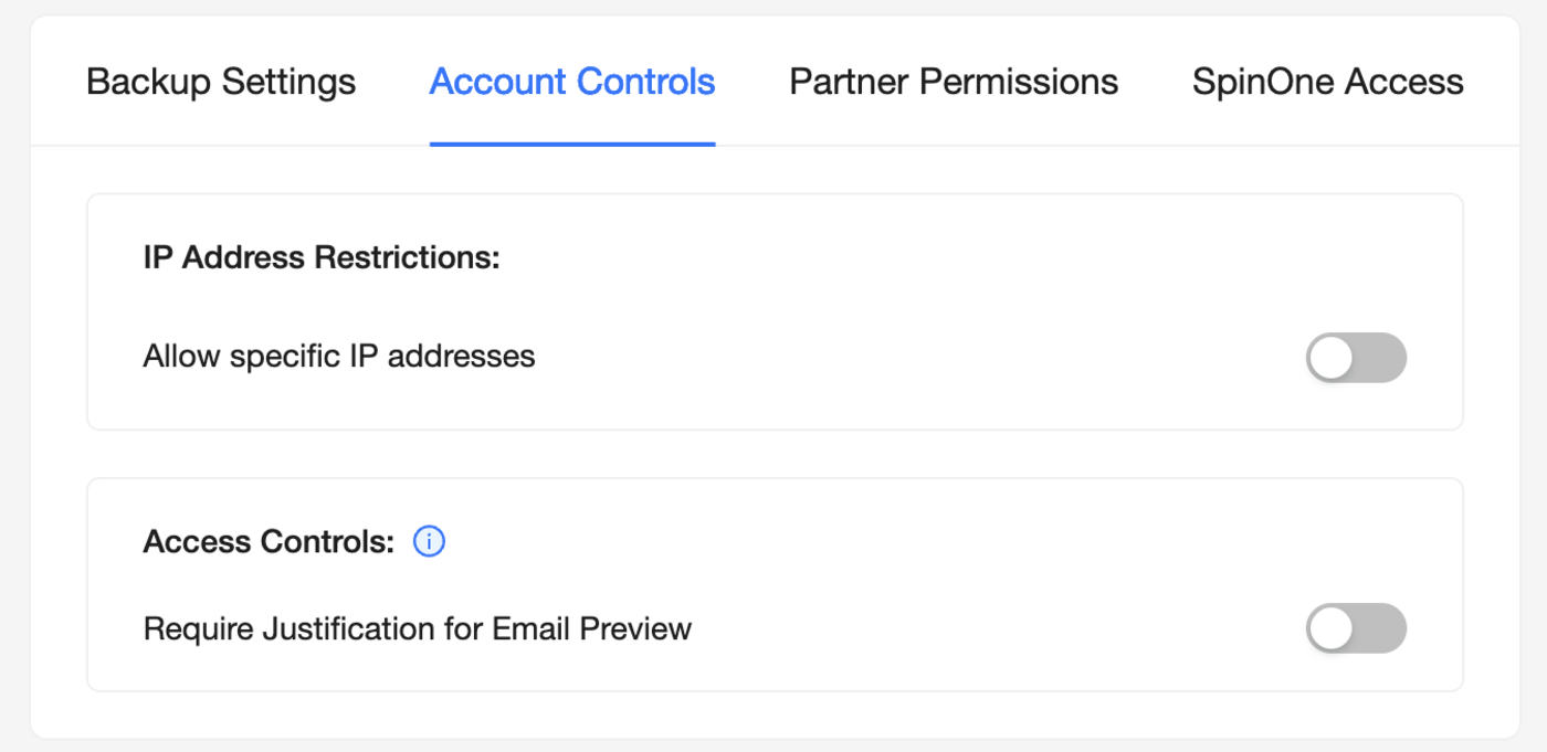 Account Controls Interface Interface showing account control options