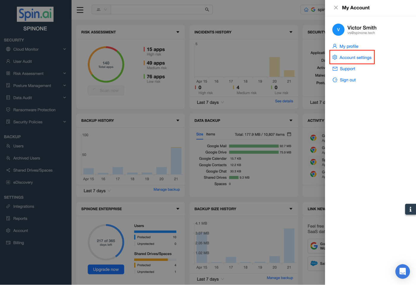 Interface showing backup account settings options