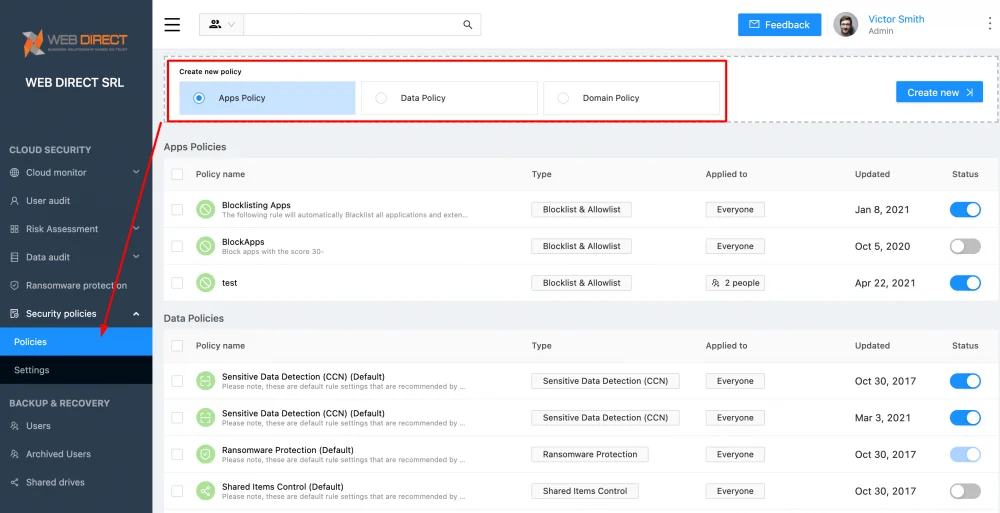 SpinOne Policies allow creating customized security policies for your organization