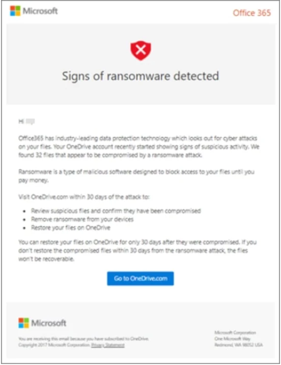 Microsoft 365 ransomware detection message