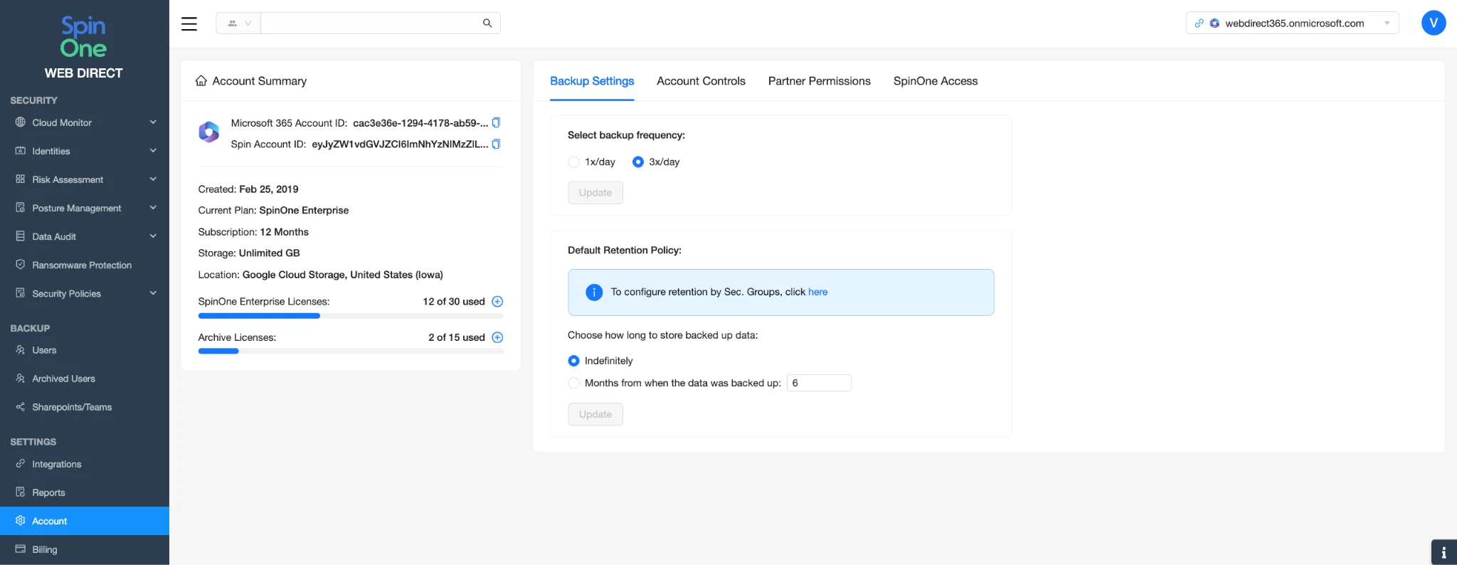 SpinOne Account Settings for Microsoft 365 | Spin.AI SpinOne console Account page under Settings, showing the Microsoft 365 account summary and backup settings