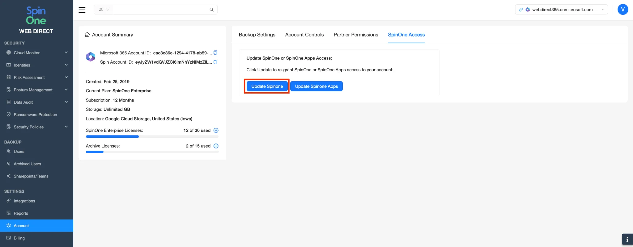 SpinOne Access Tab – Update SpinOne Button | Spin.AI SpinOne Access tab in SpinOne account settings with the Update SpinOne button highlighted