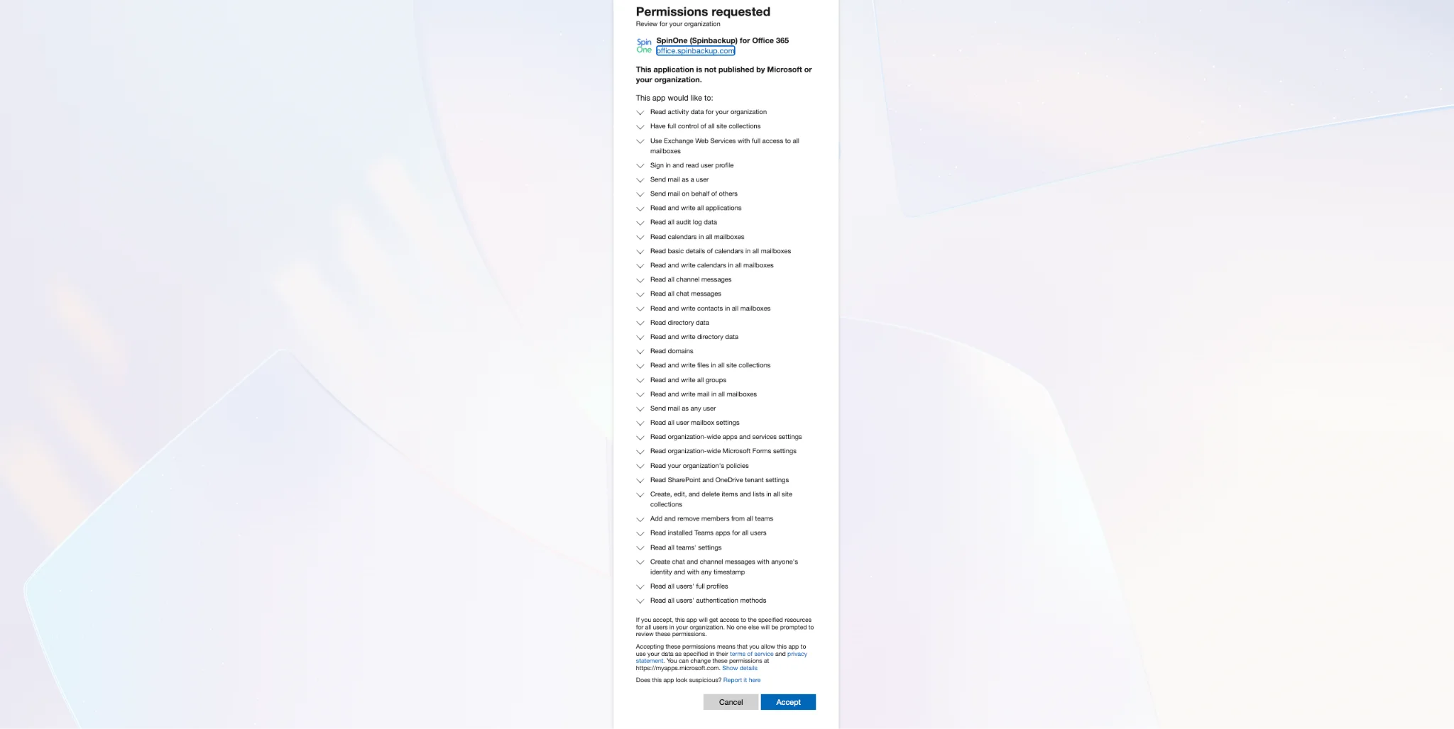 Microsoft 365 Permissions Requested for SpinOne | Spin.AI Microsoft Permissions requested dialog for SpinOne (Spinbackup) for Office 365 with the Accept button