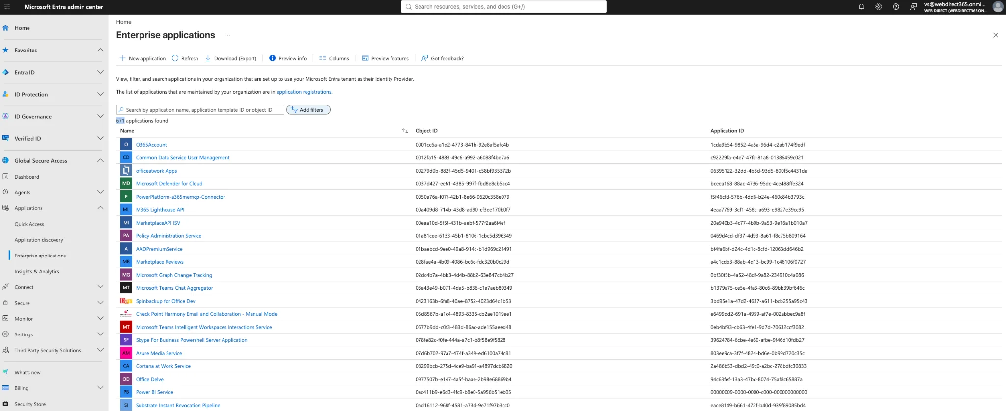 Microsoft Entra Admin Center – Enterprise Applications | Spin.AI Microsoft Entra admin center Enterprise applications list with SpinOne (Spinbackup) for Office 365
