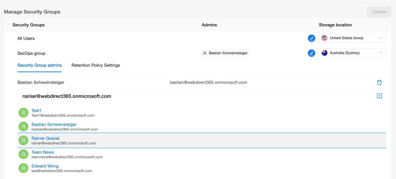 SpinOne Dashboard - Manage Security Groups | Spin.AI Security Group selection page with search to find the admin user.