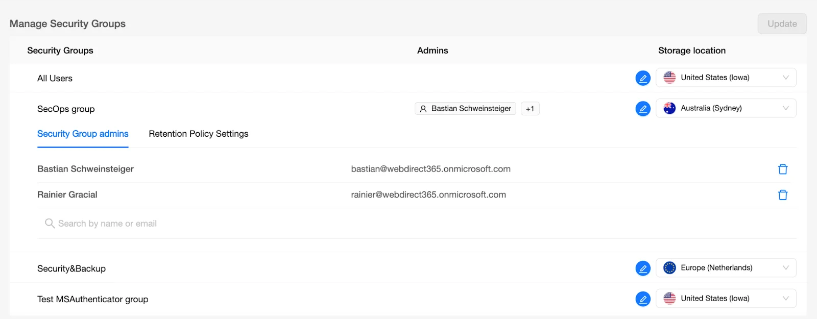 SpinOne Dashboard - Manage Security Groups - Admins | Spin.AI Add admin by clicking the + icon next to the user.