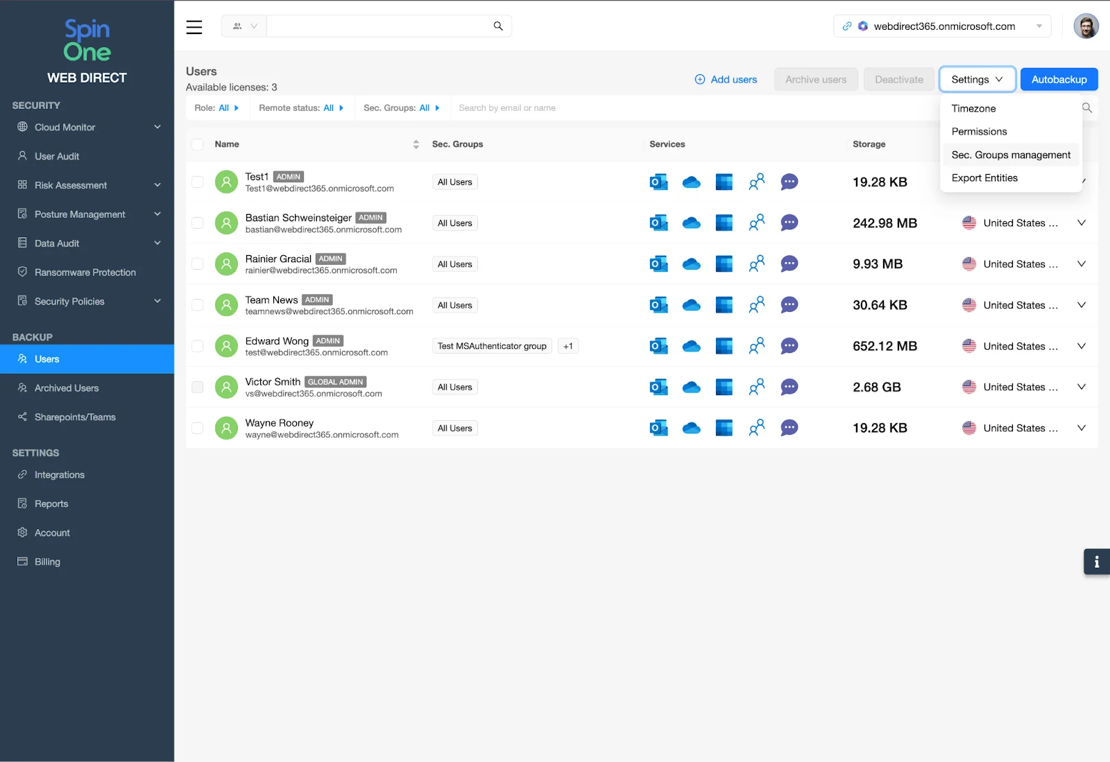 SpinOne Dashboard - Settings - Sec. Groups Management | Spin.AI Left navigation with Users section selected.