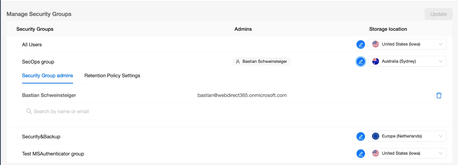 SpinOne Dashboard - Manage Security Groups | Spin.AI Users → Settings with Sec. Groups Management entry visible.