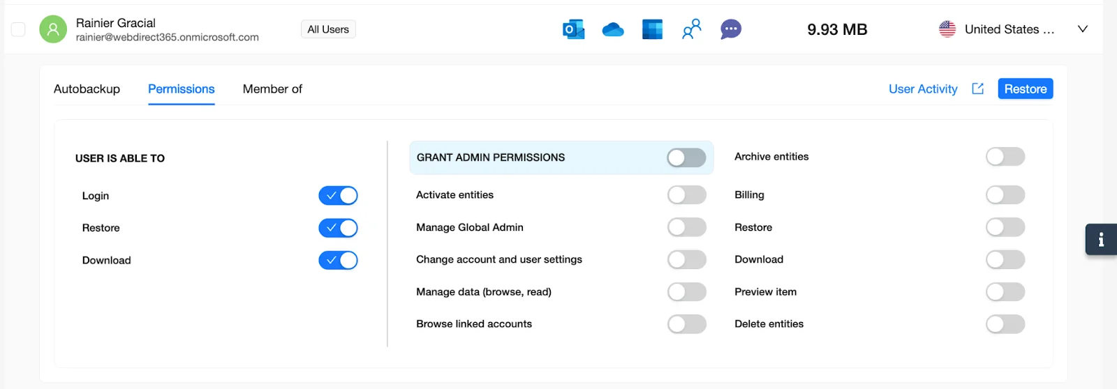 SpinOne Dashboard - Permissions Options | Spin.AI Restore permission toggle and description.