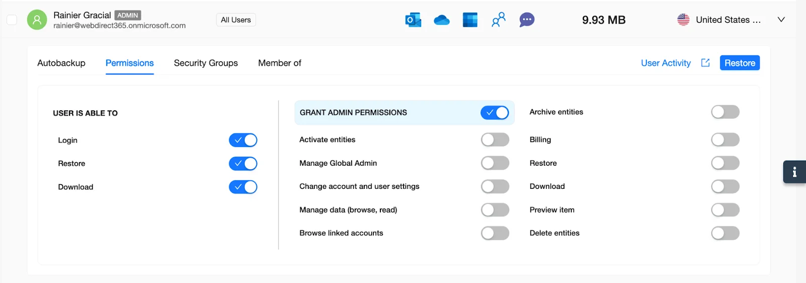 SpinOne Dashboard - Grant Admin Permissions Option | Spin.AI Download permission toggle and description.