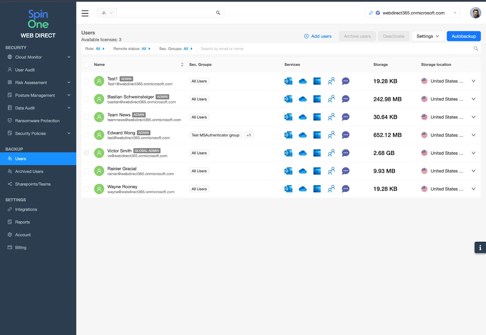 Users section opened from the left navigation.