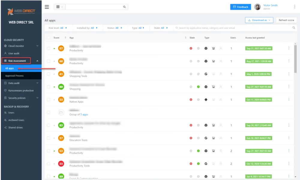 Cloud Service Providers: Viewing cloud SaaS applications with the SpinOne Risk Assessment