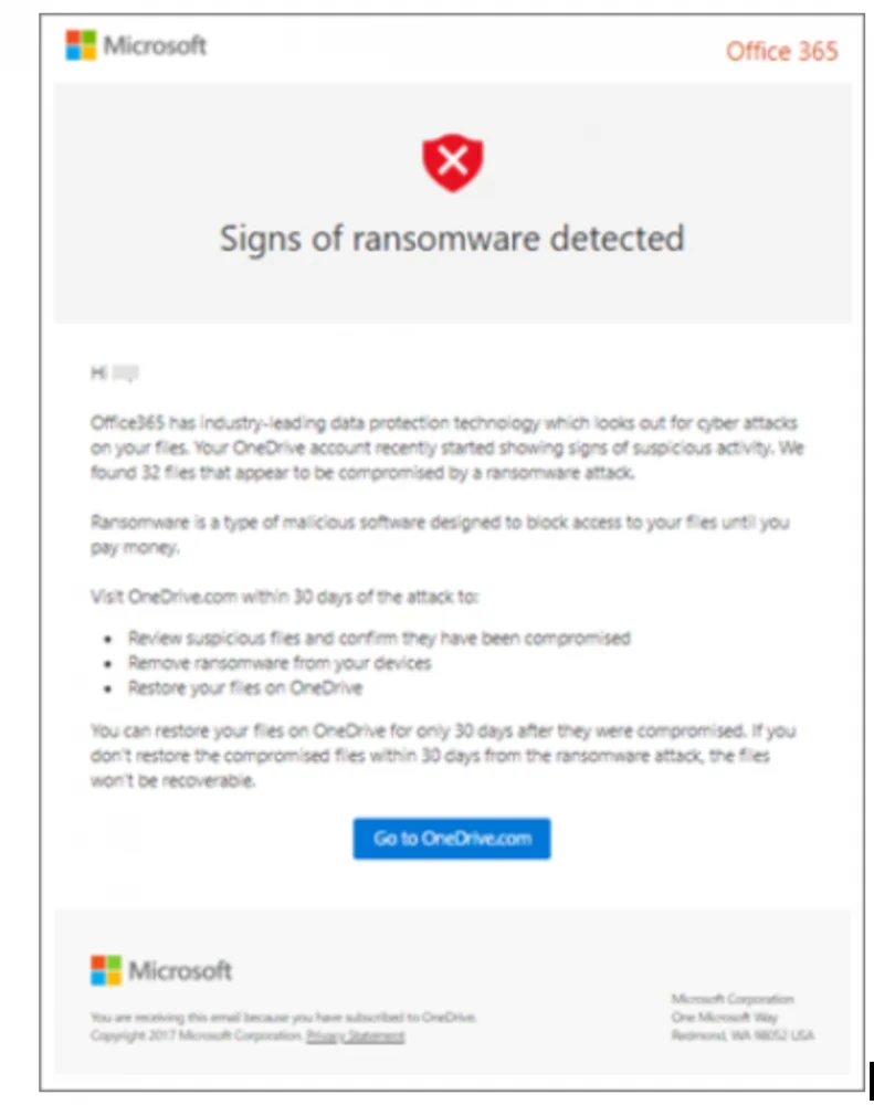 Signs of ransomware detected message in Microsoft 365