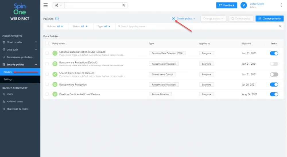 SpinOne Security Policies configuration