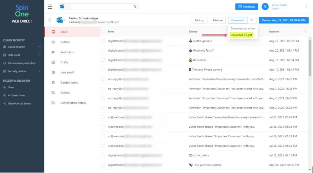 SpinOne allows cloud administrators to download Exchange Online emails as a PST file