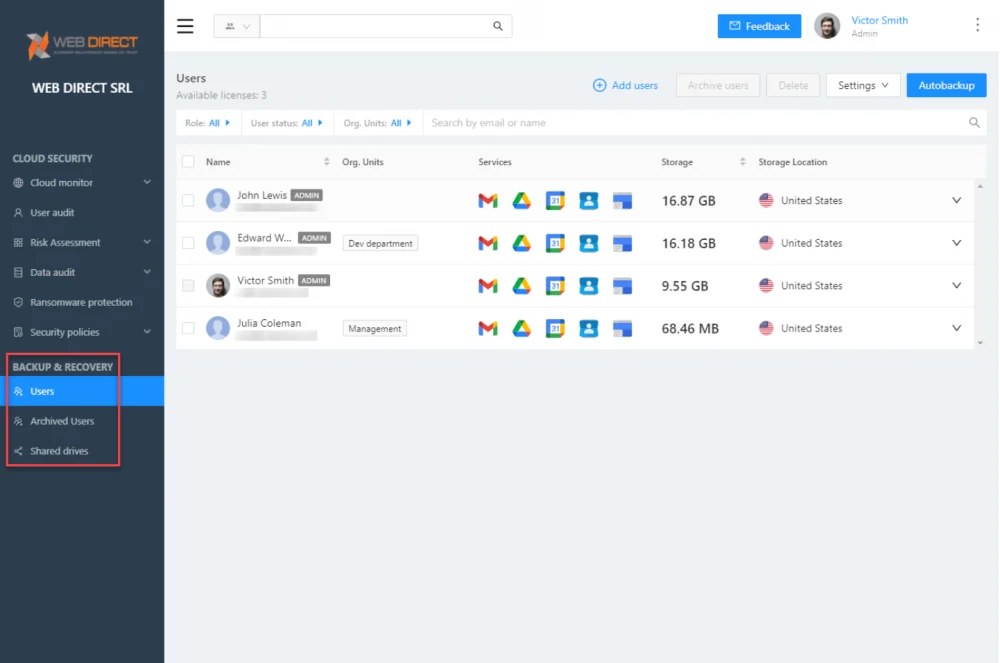 SpinOne provides backups of cloud SaaS environments