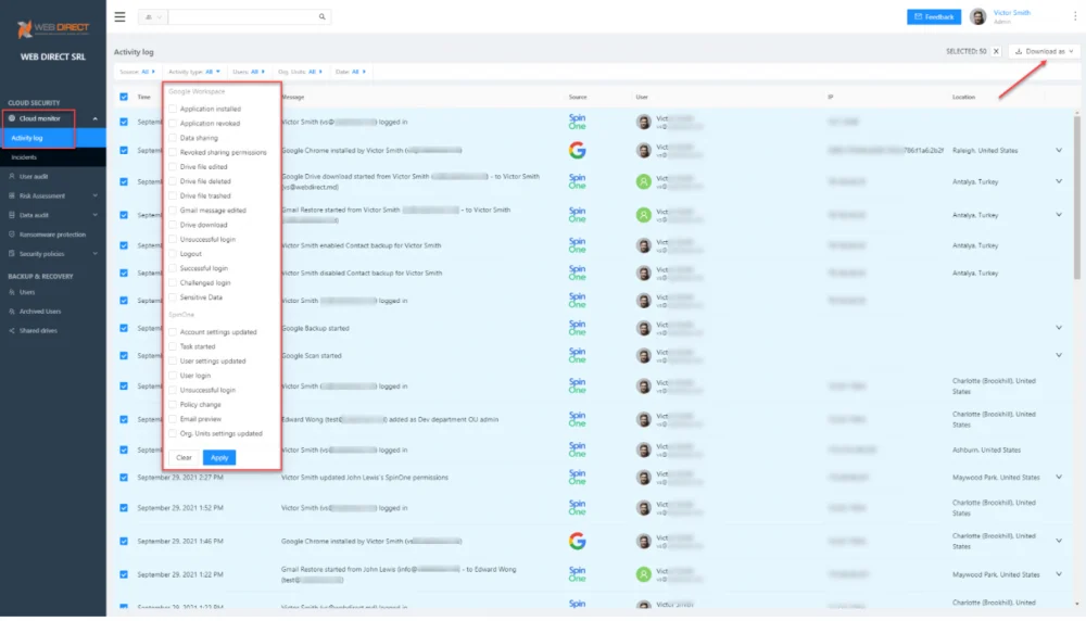 Threat Detection: SpinOne Cloud Monitor activity log