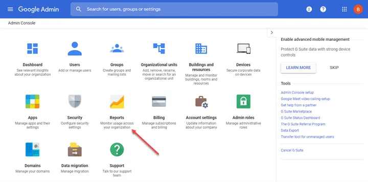 Google Admin Console dashboard with tile icons; red arrow points to the Reports tile on the grid of apps and settings.