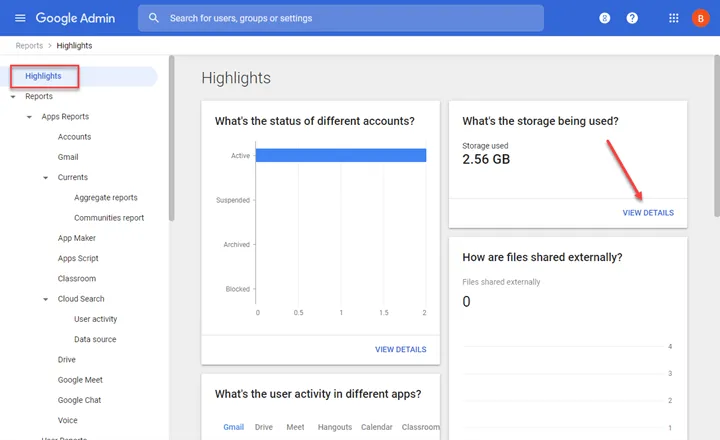 Screenshot of Google Admin Highlights: account status chart, storage usage with View details, and activity panels on the right.