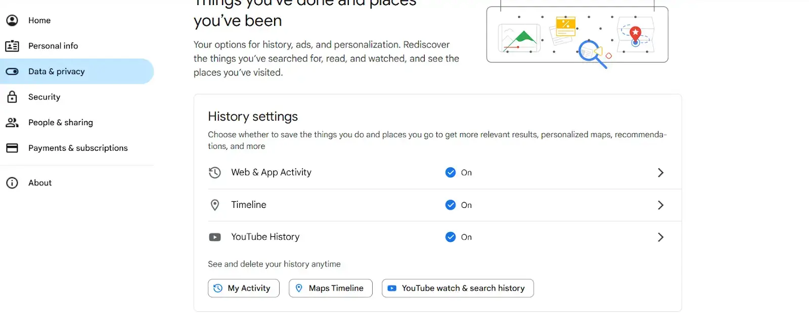 Google Account History - Data & Privacy settings