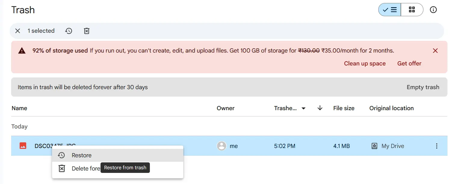 Google Drive™ - recover files from trash screen 
