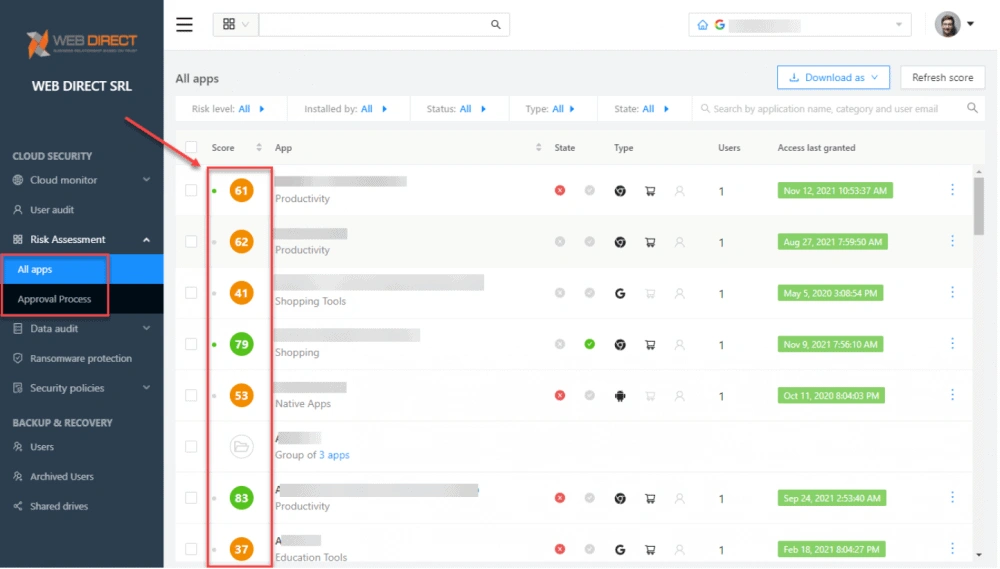 SaaS Application Risk Assessment | Spin.AI Security policy blocking apps using risk scores