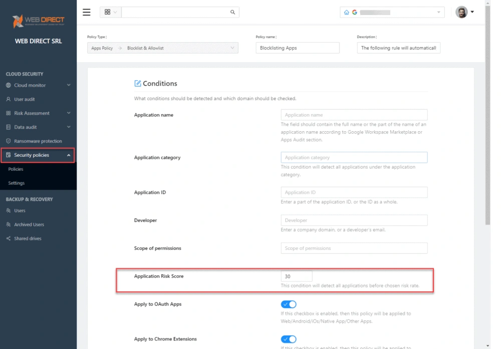 App Blocklisting by Risk Score | Spin.AI Security policy blocking apps using risk scores