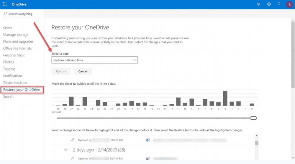 OneDrive Files Restore recovery screenshot | Spin.AI OneDrive Ransomware Protection Guide