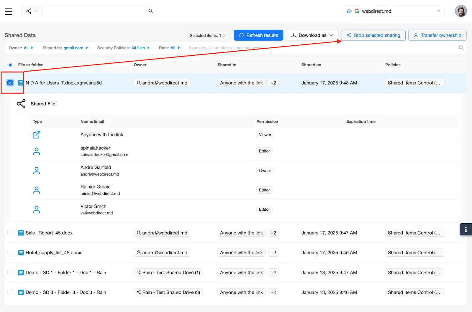 SpinOne Platform - Shared Data - Stop selected sharing. | Spin.AI SpinOne Platform - Stop selected sharing.