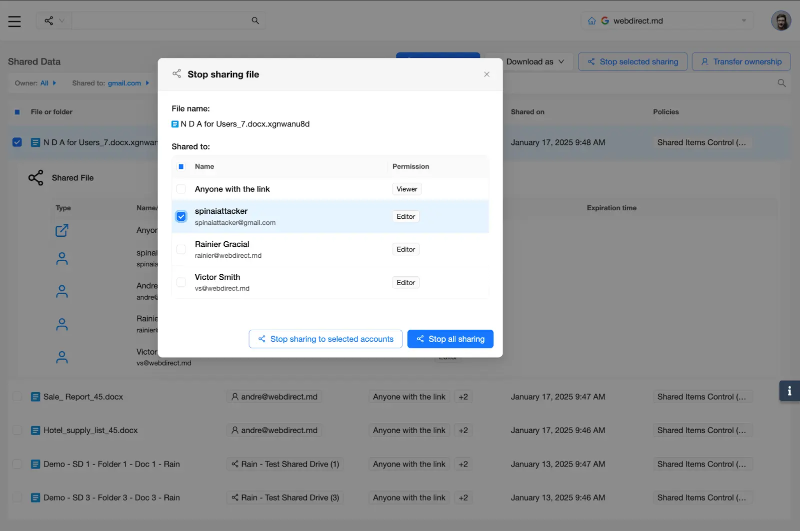SpinOne Platform - Shared Data - Stop Sharing File | Spin.AI SpinOne Platform - Stop sharing to selected accounts