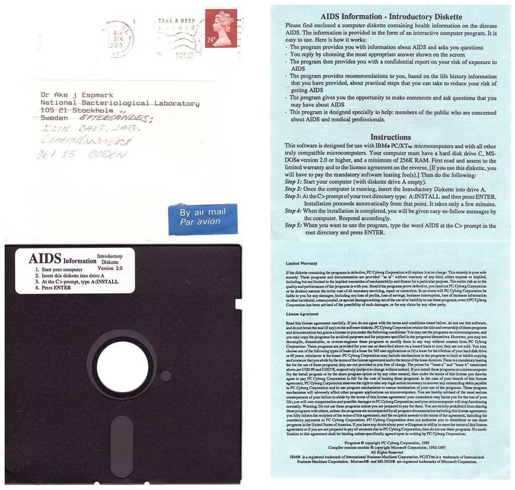 | Spin.AI Historic ransomware example with diskette and leaflet