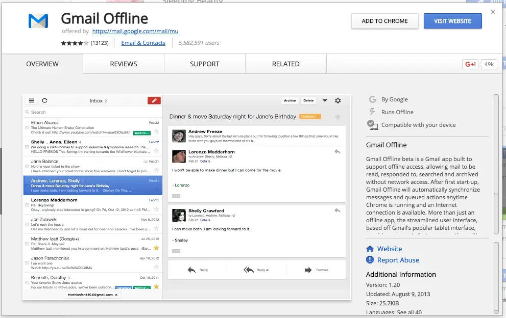Gmail offline tool interface for managing emails without internet