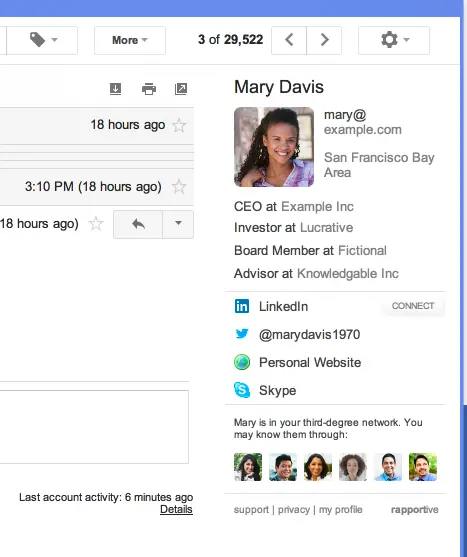 Rapportive Gmail plugin showing contact details inside Gmail